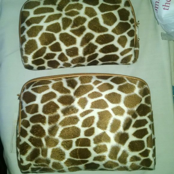 Vintage 2 Pcs Giraffe Animal Print Fury Fashion Fun Sexy Cosmetic Makeup Bags - Picture 3 of 13
